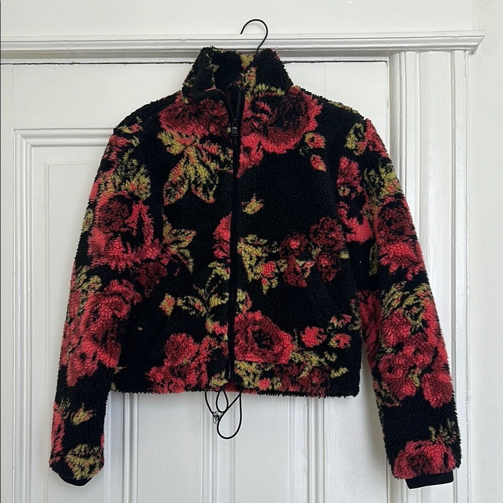 Women's Black and Red Floral Teddy Fuzzy Jacket